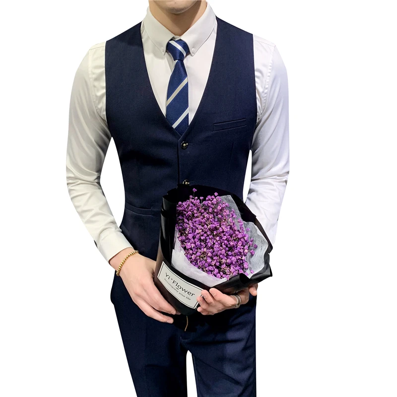 Однобортный мужской костюмный жилет, официальный однотонный повседневный мужской жилет из полиэстера