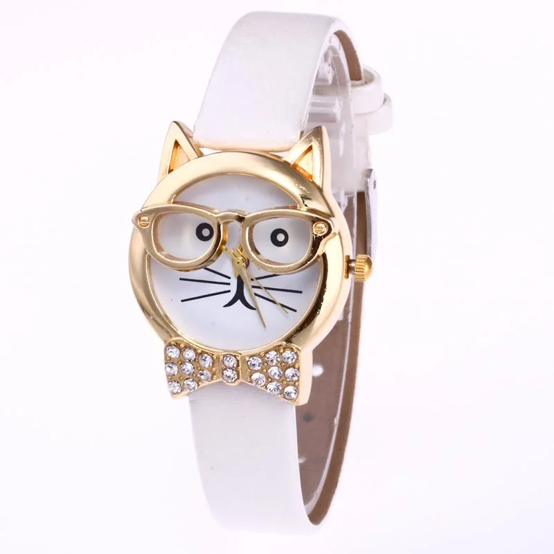 High Quality Luxury Cartoon Glasses Bow Tie Leather Watch Women Designer Diamond Watch