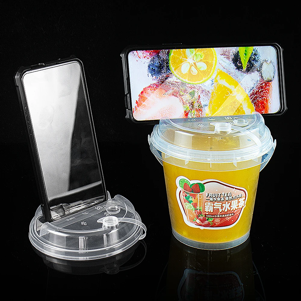 Customized takeaway holder lid for phone 32oz fruits big cups bucket pp plastic drink cups boba milk tea beer cup with handle