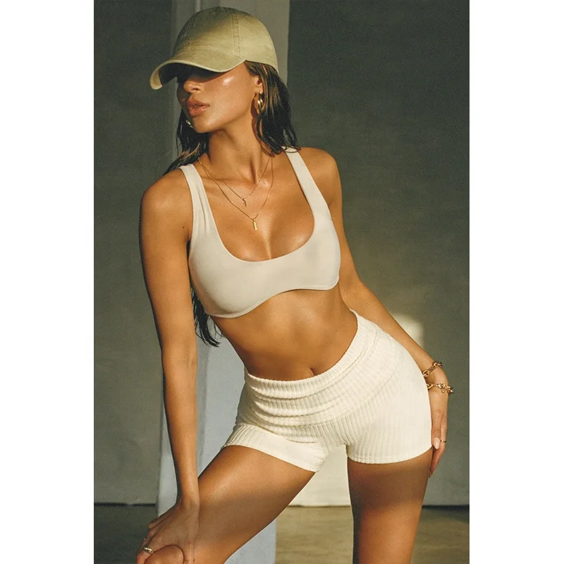 WOMEN ULTRA-SOFT PLUSH RIB YOGA BIKE SHORTS FITTED SHORTS WITH A FOLD-OVER WAISTBAND FOLDOVER SHORT