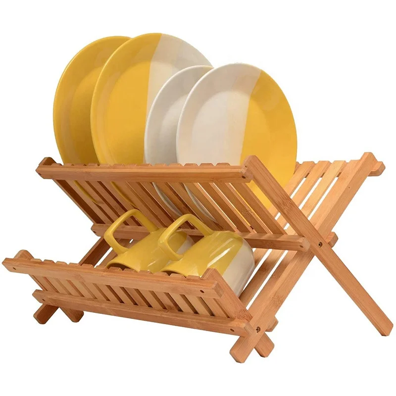 
Premium Bamboo Dish Drying Rack - Compact Collapsible Dish Rack Kitchen Plate Holder 