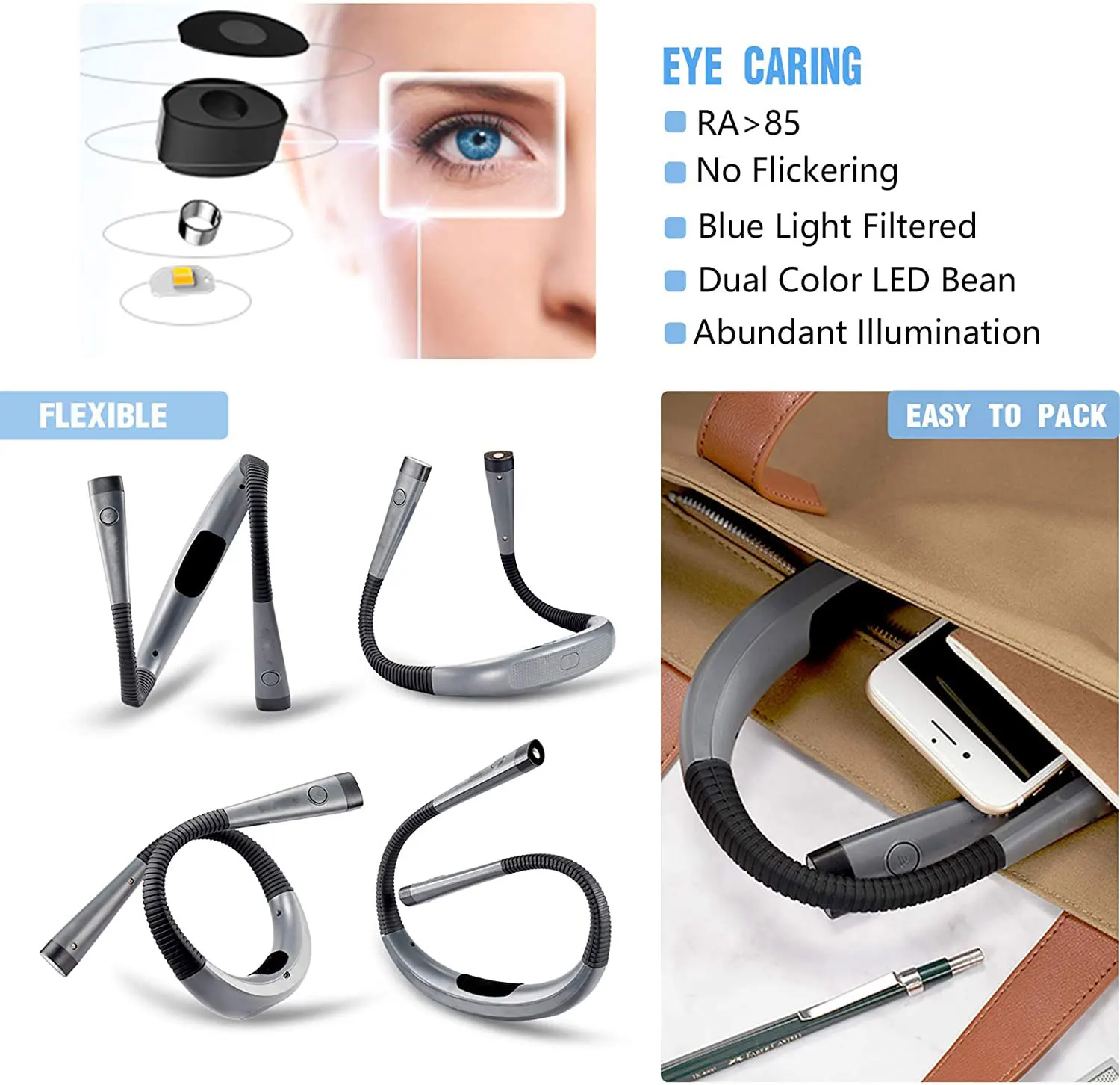 USB Rechargeable LED Neck Hung Reading Light Flexible Arms Book lamp Portable Flashlights