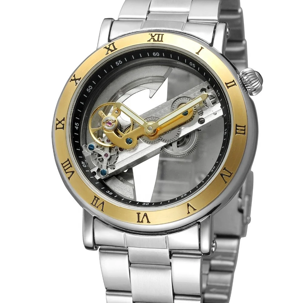 Classical Royal Skeleton Dial Design Gold Bezel Brown Leather Strap Full Skeleton Watches Men Wrist Mechanical