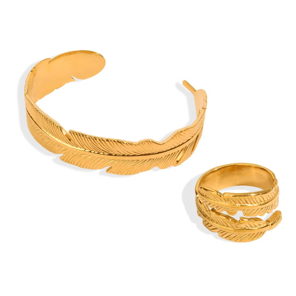 AIZL Neutrality Energy Jewelry Geometric Feather Design Open Bangle Ring Stainless Steel 18K Gold Plated Jewelry Set