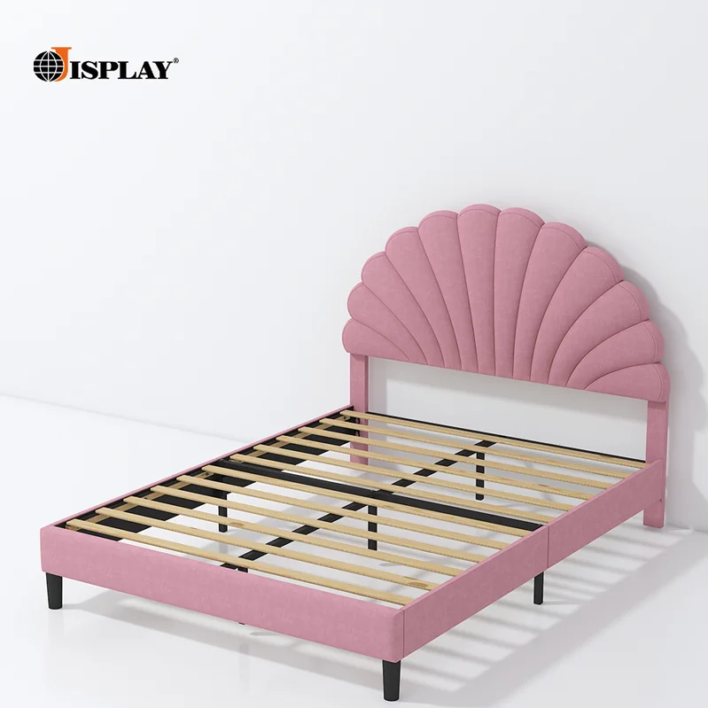 Customized high quality king double size upholstered bed double bed frame with pink Headboard