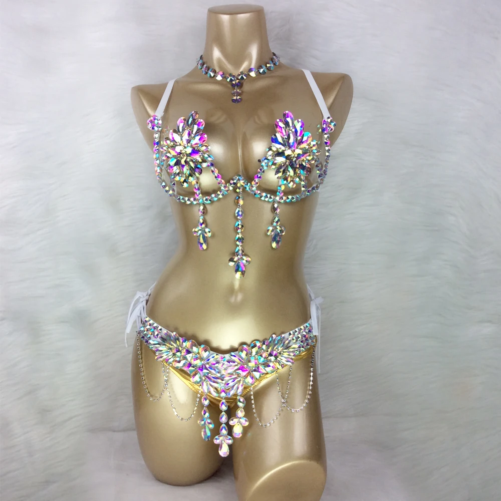 Stage show women singer crystal  Sexy Samba Carnival Wire Bra & Panty & belt Set  4 Piece Belly Dancing Wire Bra bikini costume