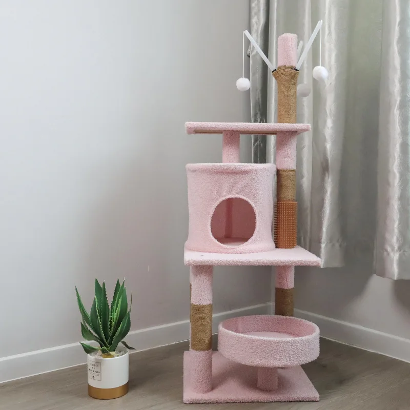 Multi Layer Pink Sisal+Teddy Velvet Soft Indoor Large Scratcher Tower Cat Tree House For Cat