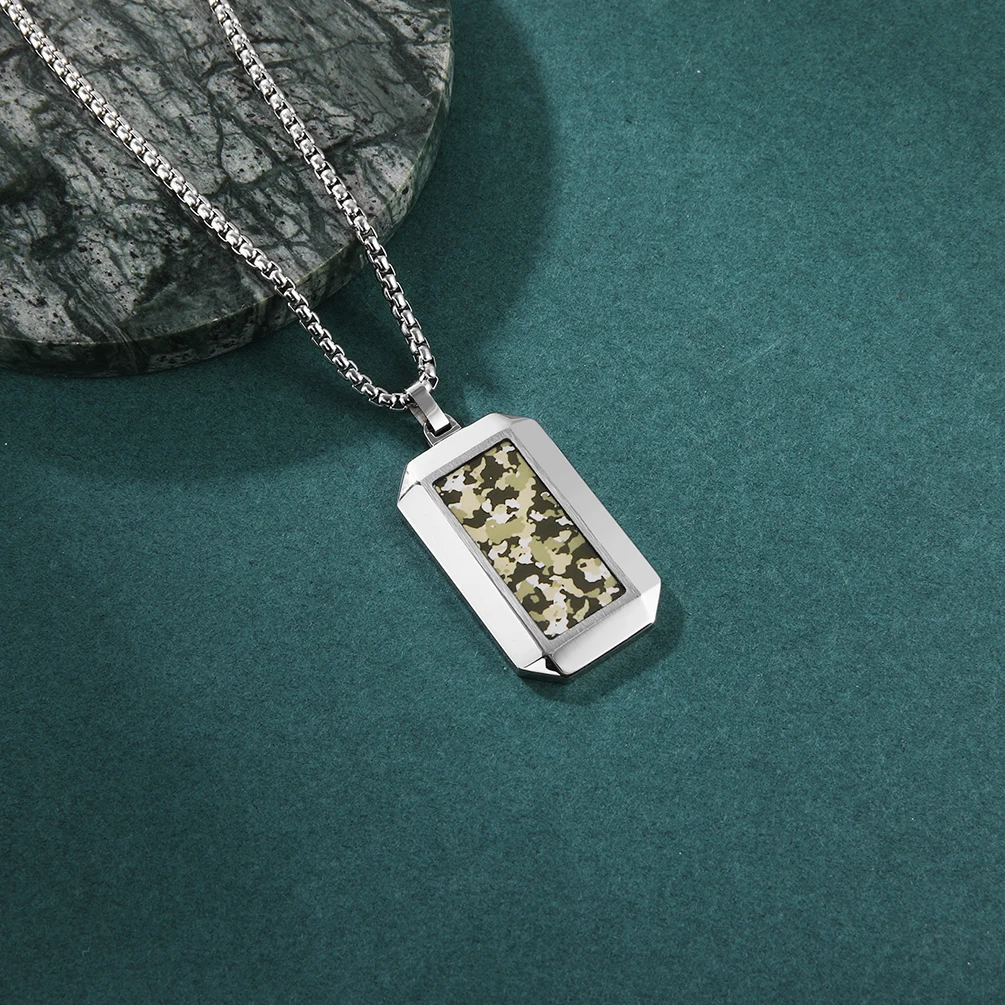 Custom Hexagonal Cut Adhesive Camouflage Military Dogtag Pendant Stainless Steel Necklace