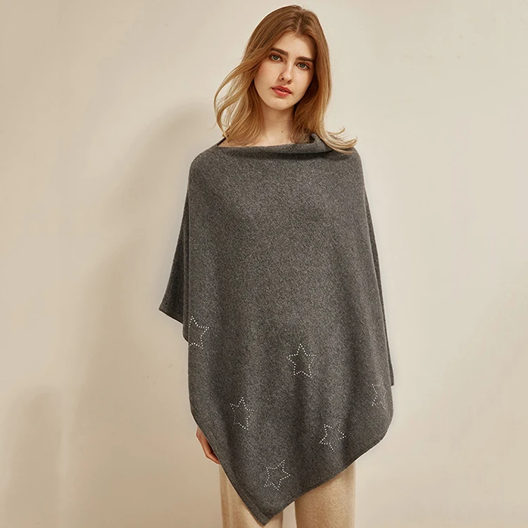 OEM service hot sale knitting new fleece blended shawl knitted hot diamond star cape ladies scarf cashmere poncho