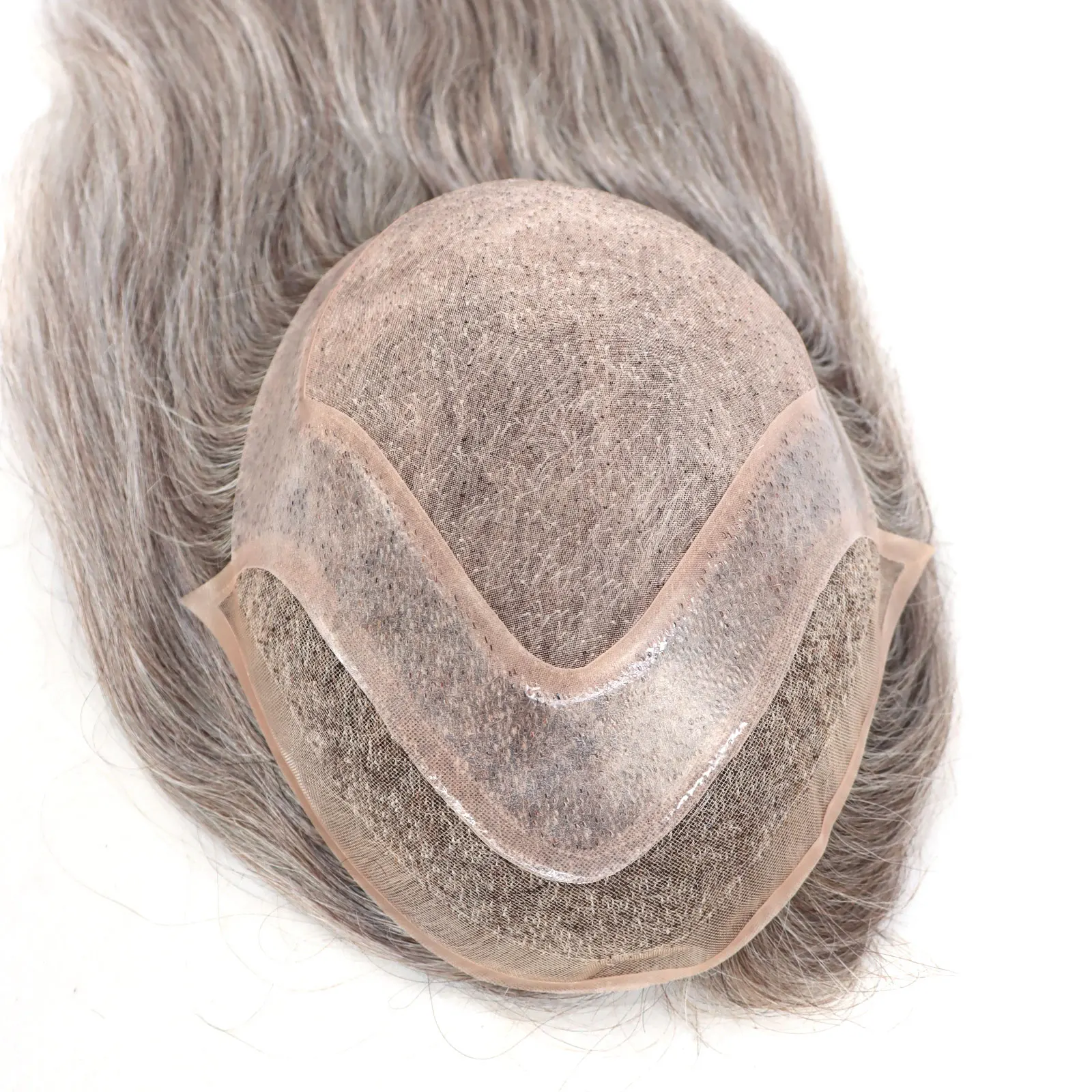 8x10inch Toupee for Men 12inch Long Remy Virgin Human Hair Wigs Mono Around Pu Base Hairpiece #7 Brown+60% Gray Hair Men Toupee