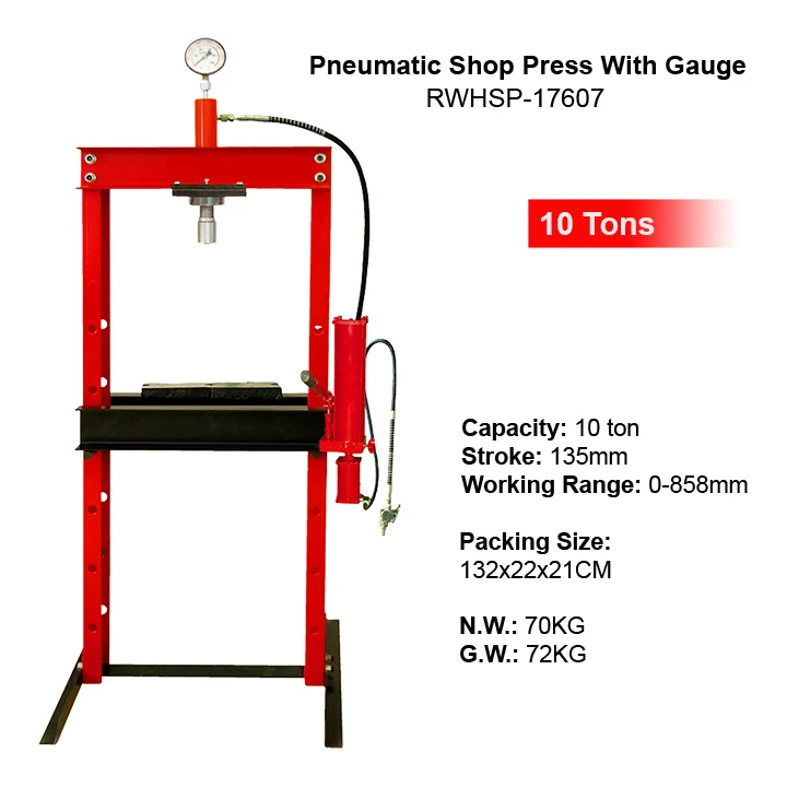 10 Ton Pneumatic Air Hydraulic Shop Press Machine With Gauge Car Vehicle Repair CE Hydraulic Cylinder Manual Shop Press Tools