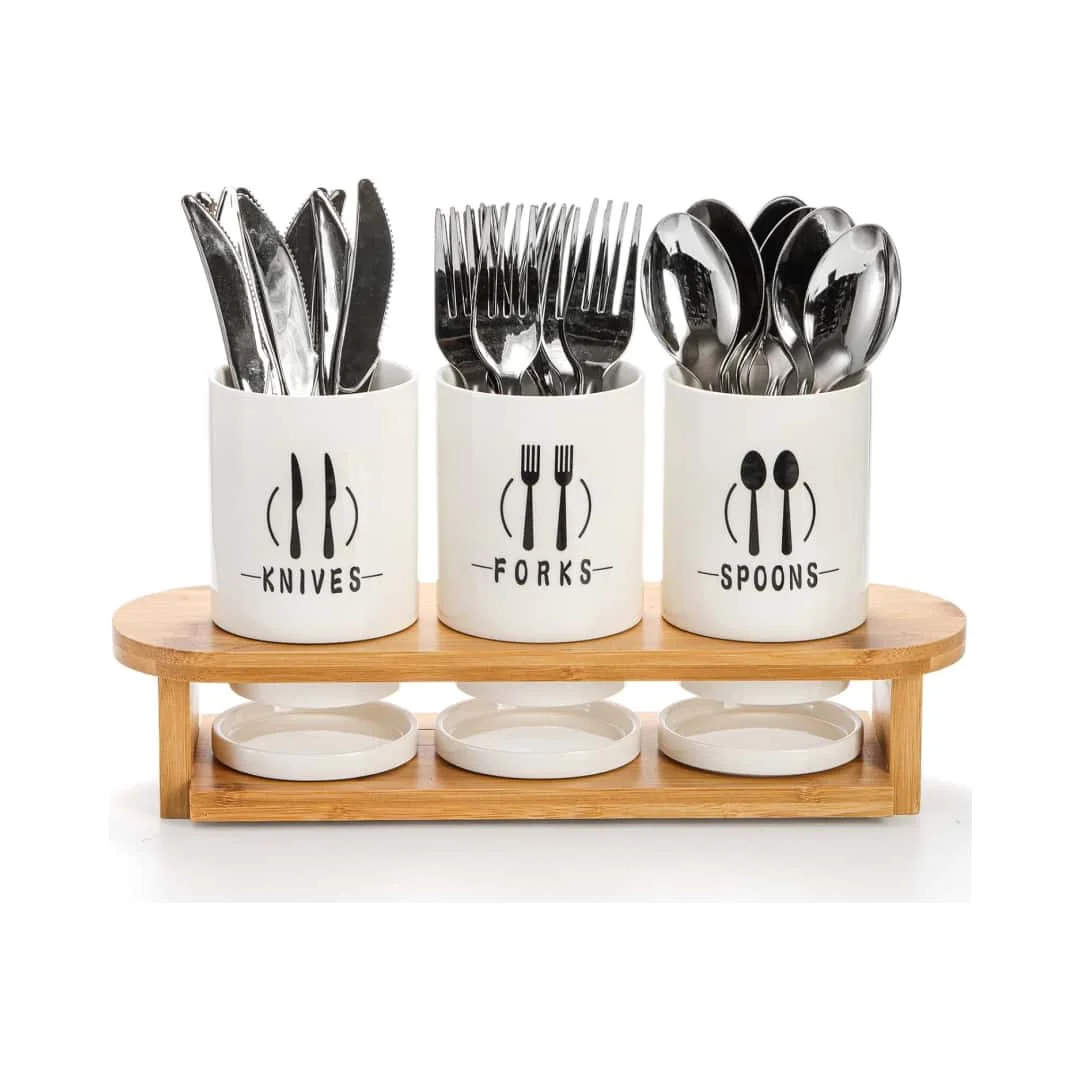 Three piece set of white ceramic cutlery box and bamboo rack for forks, spoons, and knives