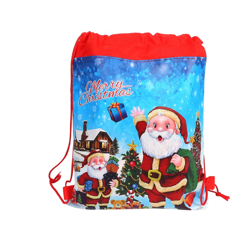 Wholesale Cheap Reusable Santa Sack Personalized Non Woven Calico Drawstring Christmas Bag