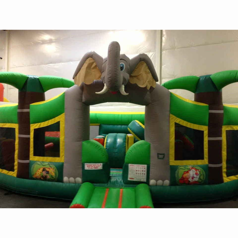 Elephant commercial inflatable obstacle course bounce house for kids Jungle bouncy castle with slide outdoor jumpers inflatable