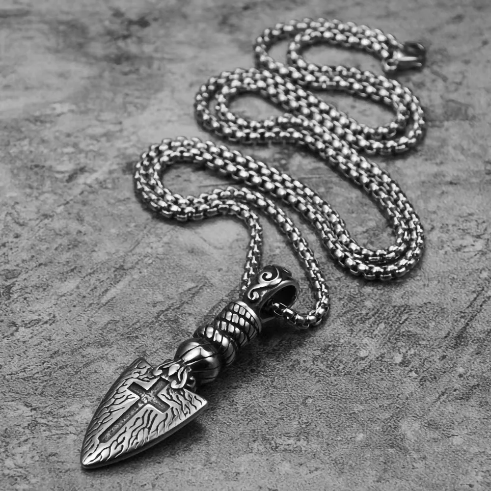 2023 Hot Selling Stainless Steel Necklace Flame Vintage Cross Punk Holy Spear Head Spear of Destiny Pendant Necklace