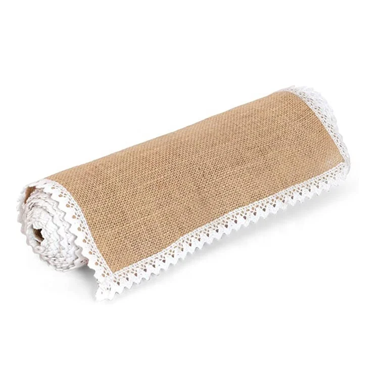 
Wholesale durable high quality natural jute table runner with lace trim 