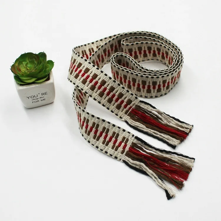 Cotton durable jacquard waist belt women boho dressing fabric belt with tassels