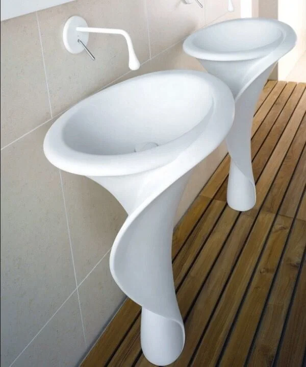 Floor standing unique glossy flower shape sink ,Pedestal solid surface stone washbasin for bathroom