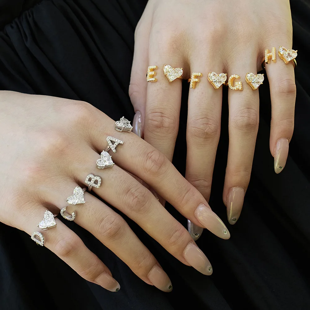 9 Toderi Fine Jewelry S925 Sterling Silver Gold plated Women lady 26Initial Alphabet Heart 5A Zircon Open Adjustable Ring