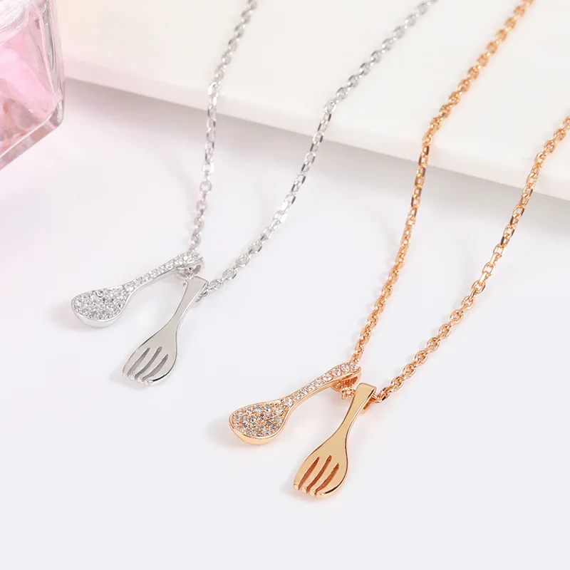 Korean s925 Sterling Silver Spoon Fork Diamond Pearl Pendant Necklace for Women Jewelry Wholesale