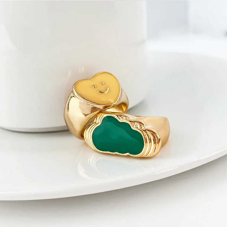 2021 New Design Cute Colorful Round Enamel cloud smile heart Rings Color brass for