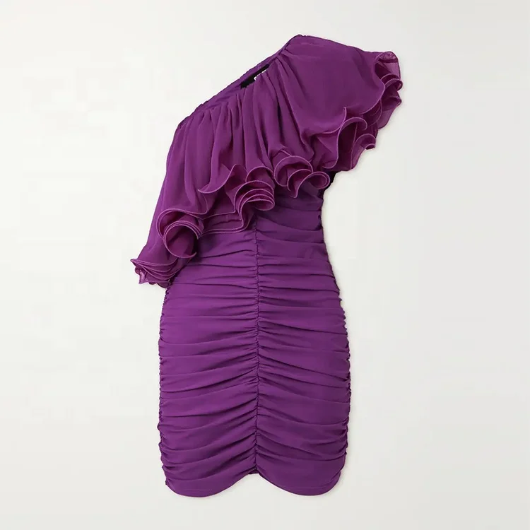 Clothing manufacturer custom spring summer purple one shoulder sleeveless pleated elegant casual women chiffon dress