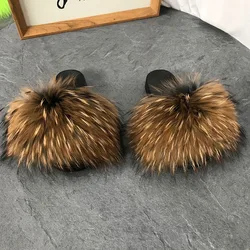 Factory Wholesale PVC Slides Ladies Raccoon Fur Slippers Women Soft Fur Slides