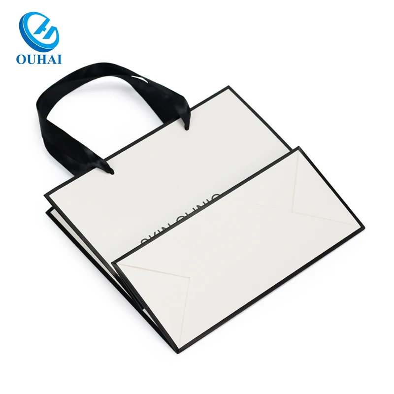 Wholesale Custom with Your Own Logo Lamination Cardboard Grey Board Paper Bag with Ribbon Handle for Shopping Retail Packing