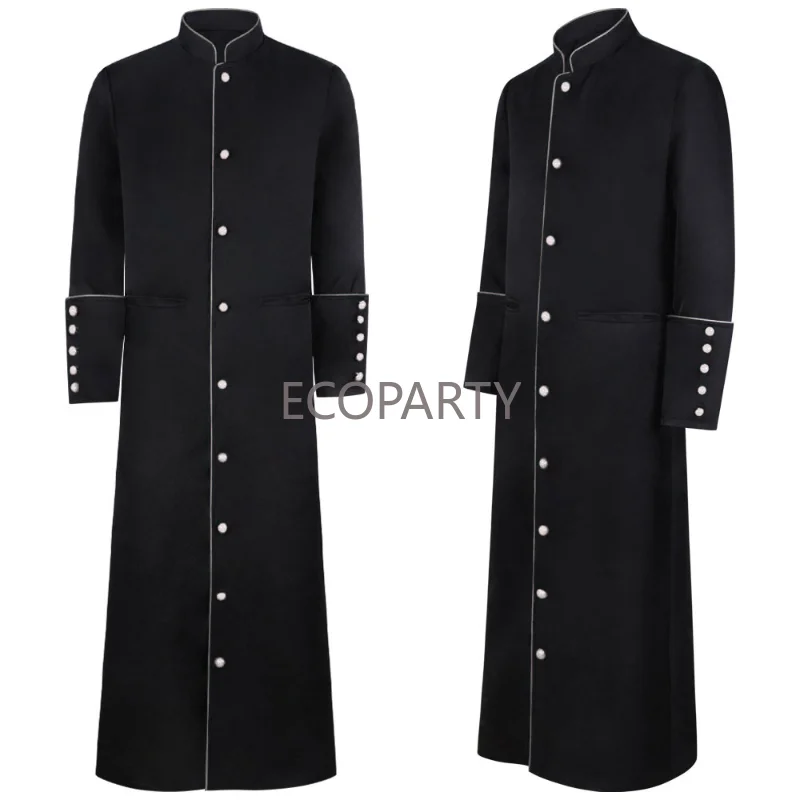 New Hot Men Stand Collar Church Priest Robe Trench Jacket Cassock Clergy Preacher Minister Choir Roman Pastor Halloween Costume