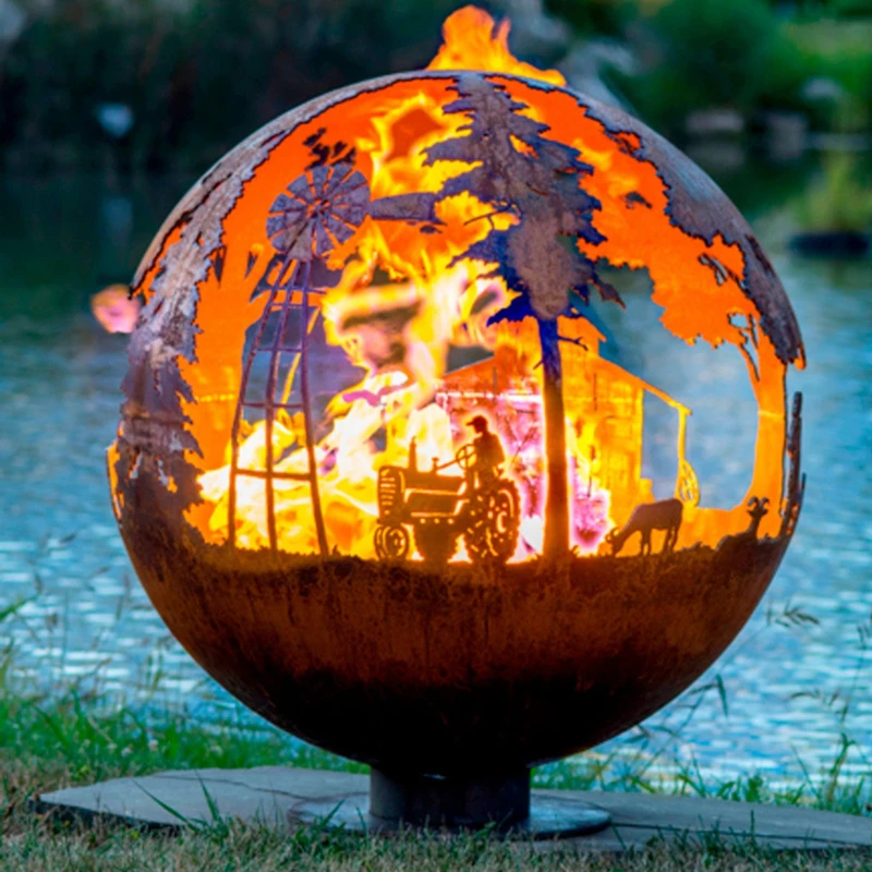 Outdoor Weathering Steel Fire Pit Garden Spherical Metal Fire Pit Garden Products