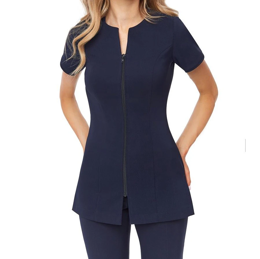 Customized Salon workwear zipper tunic spa uniform scrubs uniforms sets fashionable zip scrub
