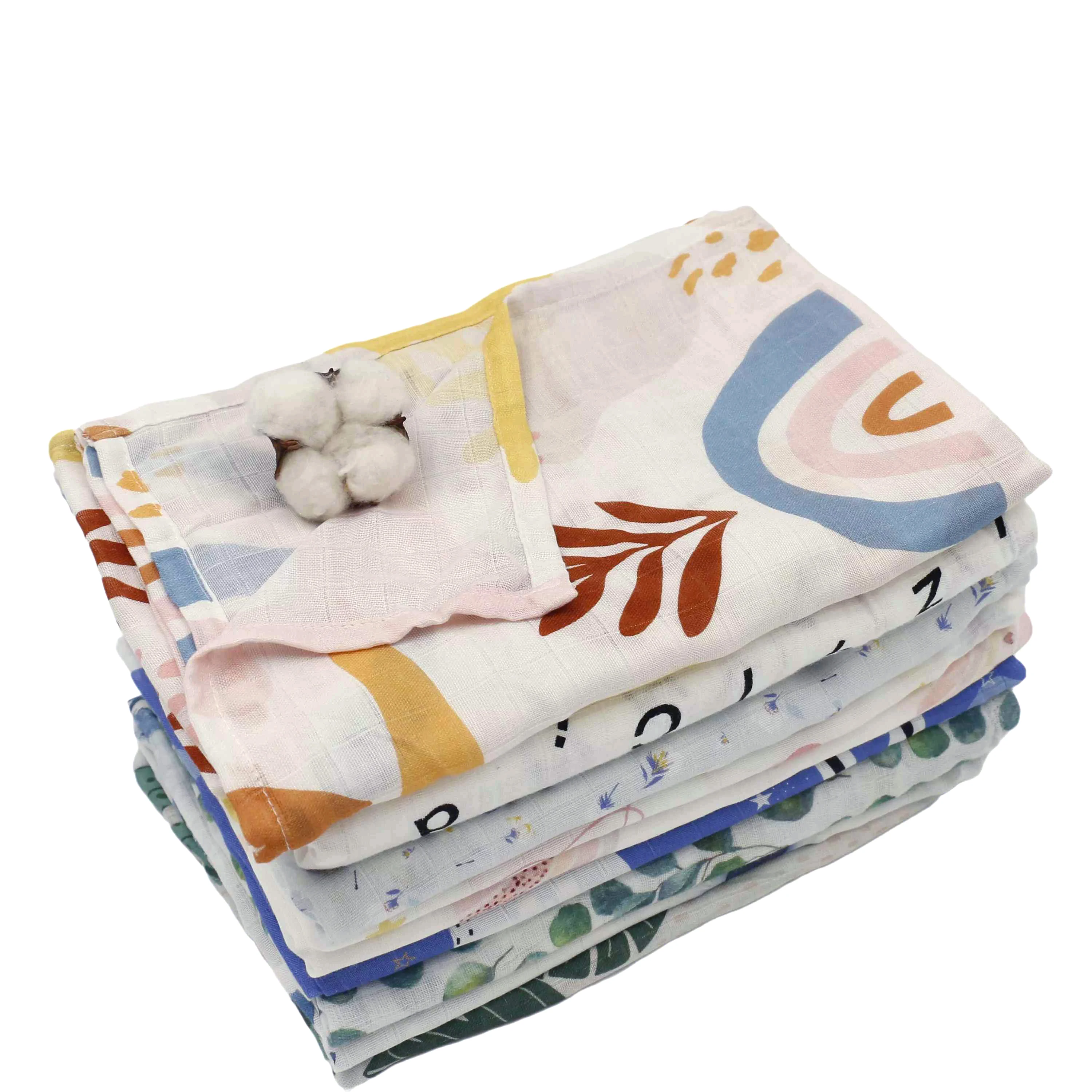 100% Organic Cotton Bamboo Wholesale Custom Print Baby Swaddle Muslin Blanket For Newborn Infant Bath Towel Gift