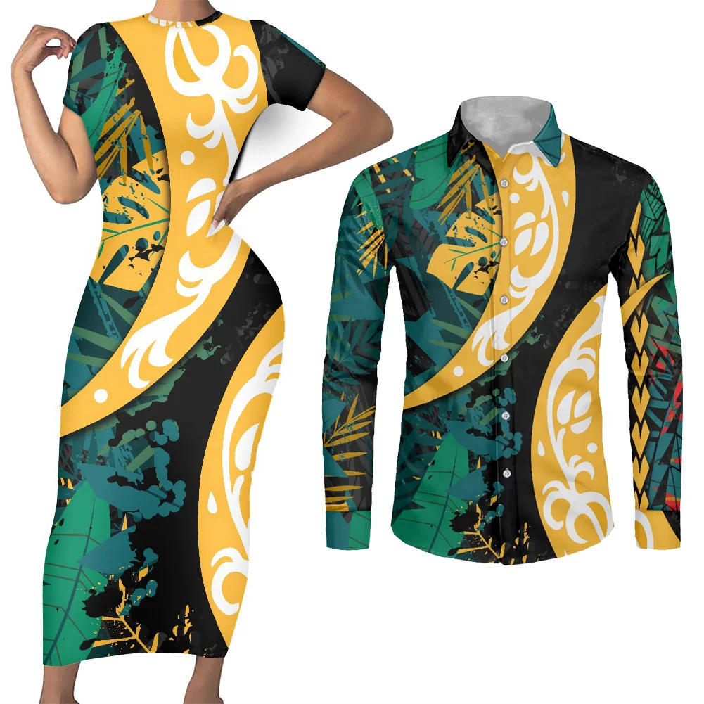 Tropical Palm Print Long Bandage Dress Straight Fit Casual Women Short Sleeve Tight Summer Dresses Polynesian Couple Clothes Set