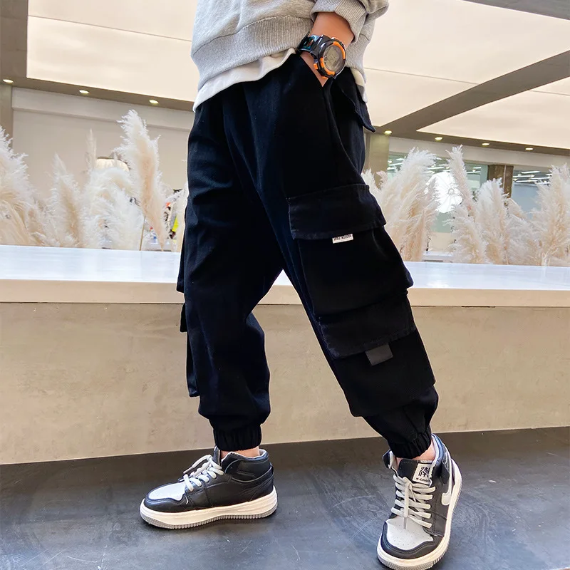 2022 Fall Winter Fashion Teenager Boy Army Green Cargo Trousers Stylish Black Pocket Pants 5-15 Years