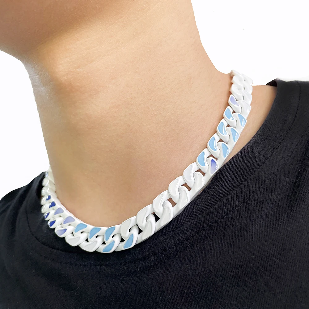 VEROMCA Blue Sky and White Cloud Stainless Steel Baking Varnish Cuban Chain Bracelet Titanium Steel Necklace