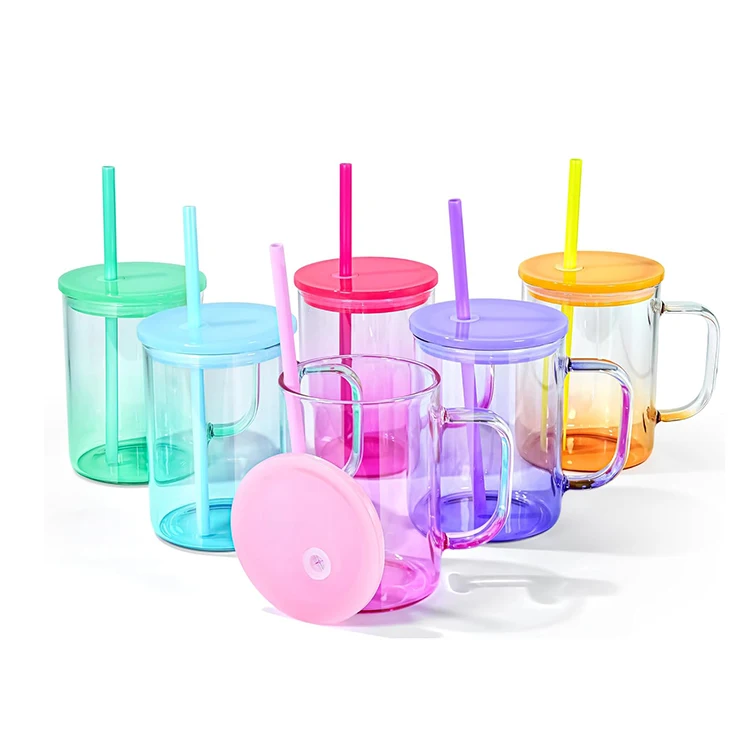 Hot Sale Blank Sublimation Clear Ombre jelly glass mug with Colorful Plastic Lid and Straw Elegant