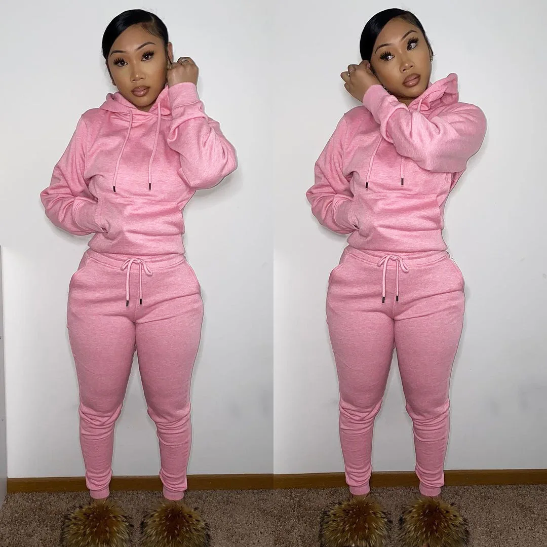 J-325 High quality fall women clothes crop top hoodie drawstring trousers jogging jogger sweatsuit sweatpants and