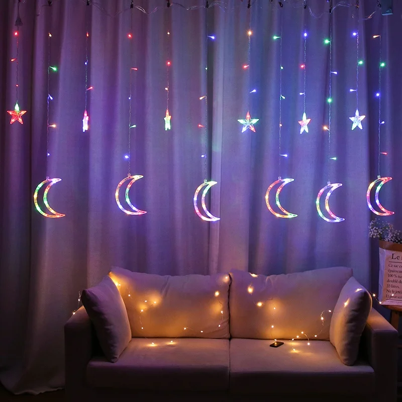 eid mubarak ramadan decorations  moon and star shape led curtain light Christmas lights Decorative lights with factory prices