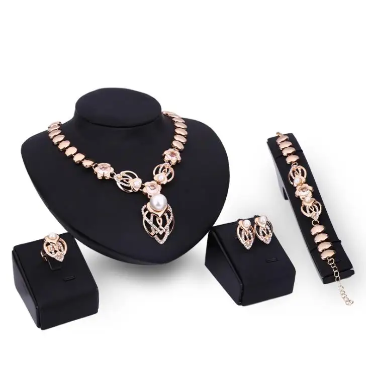 X4212 Fashion Dubai Gold Jewelry set With Pearls Gold Necklace Earrings Bracelet Rings Set Women Gold Jewelry Set