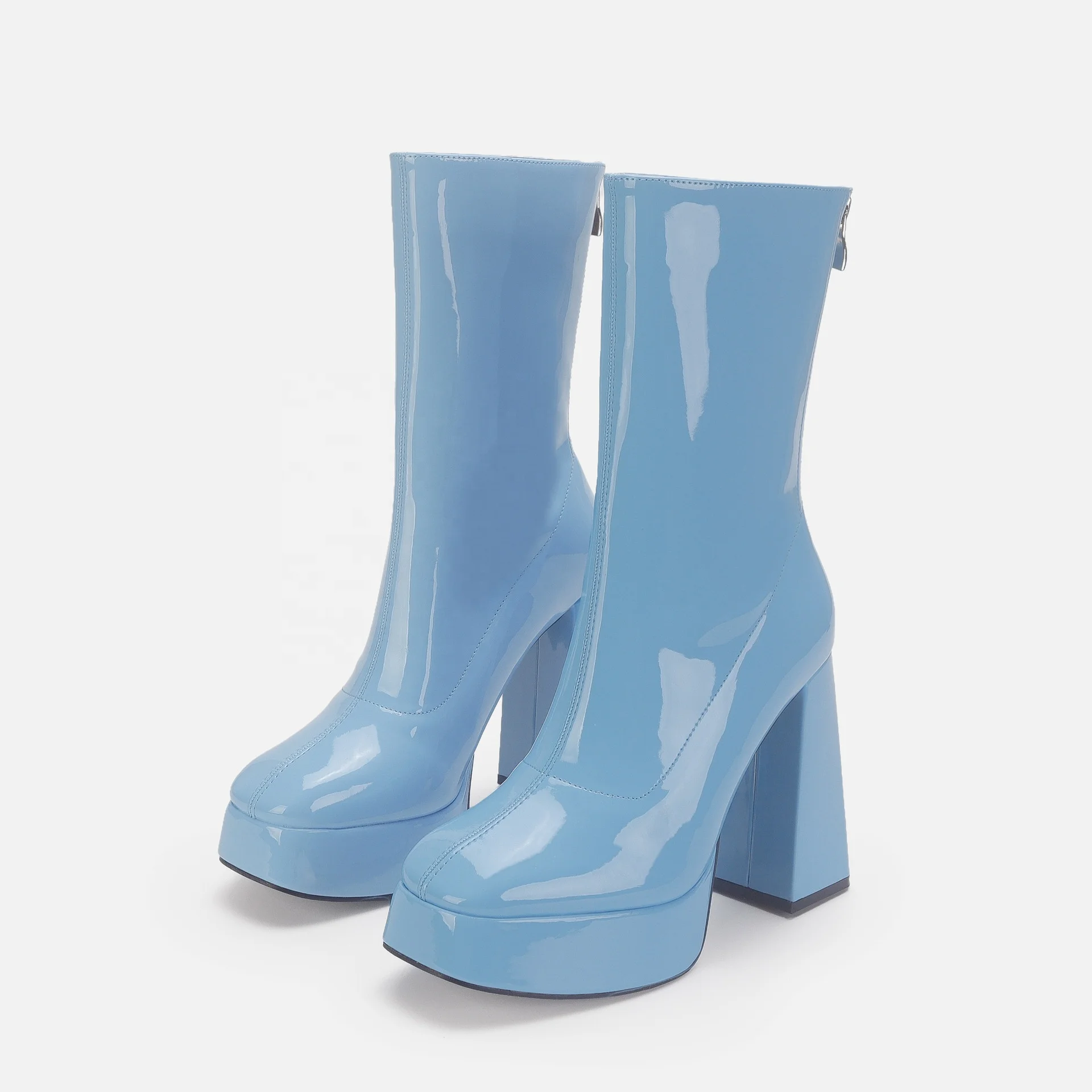 BUSY GIRL DS4467 Women Boots Size 11 Platform Block High Heels 2024 Silver Hot Pink Patent Leather Ladies Stretch Ankle Boots