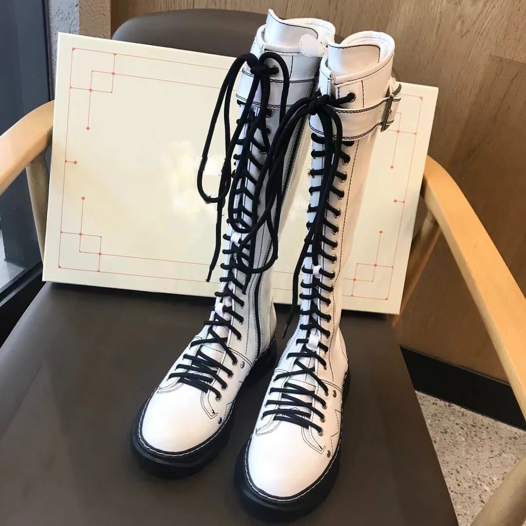 Top Quality Winter Casual Shoes Genuine Leather Shoes Women White Lace Up Martin Boots Knee-high