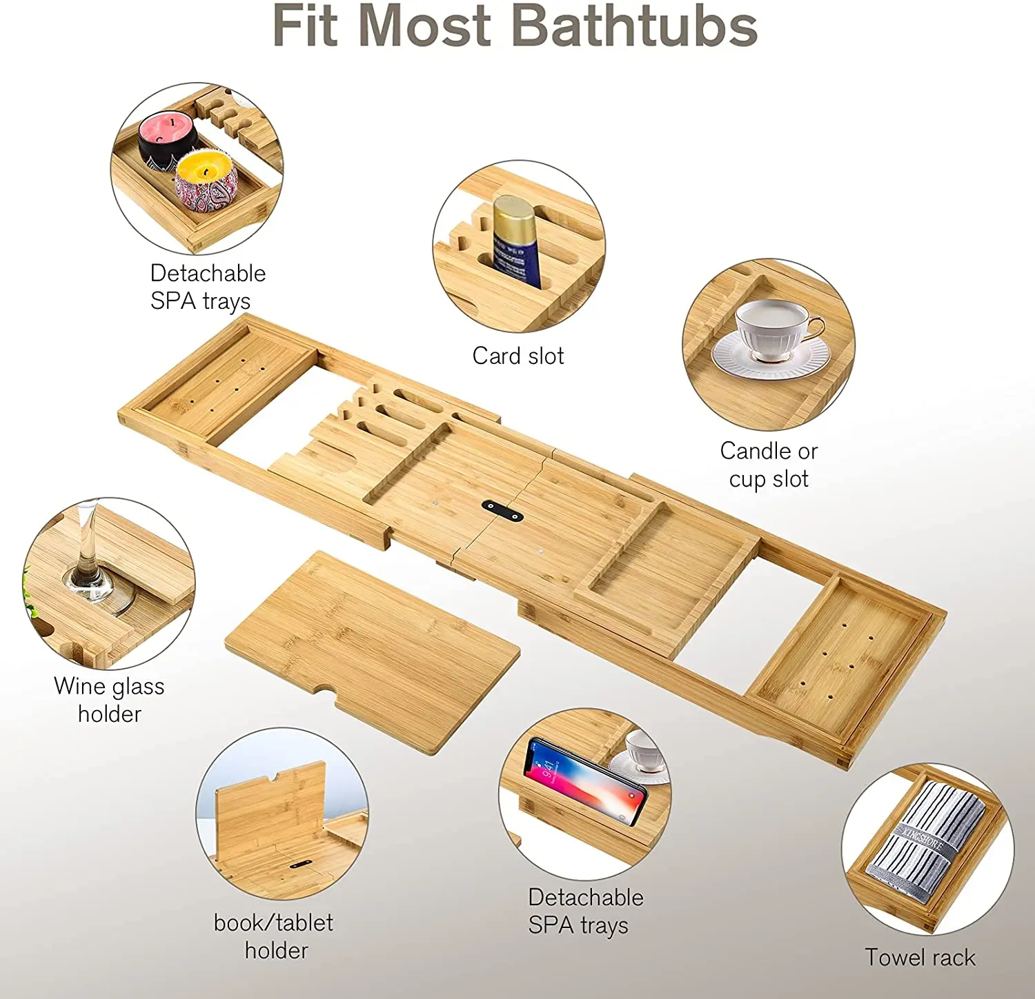 Wholesale Foldable Expandable Bamboo Bath Caddy Tray for Bathtub