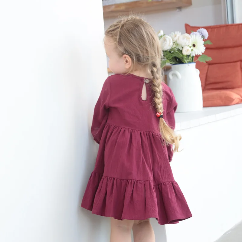 Customize Fall Toddler Cotton Linen Soft Comfortable Skirts Long Sleeve Ruffle Casual Solid Color Simple Girl Dress