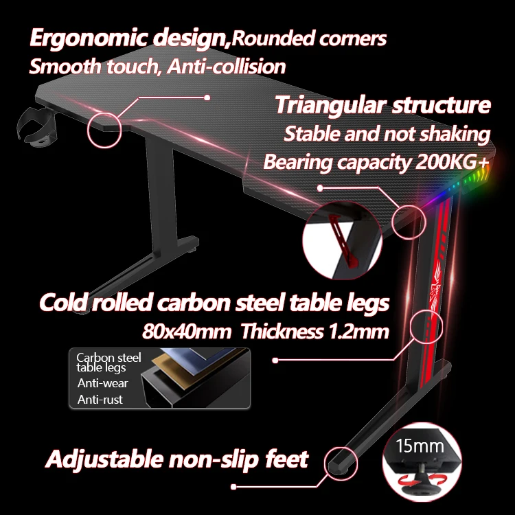 Modern Large Carbon Fiber Desktop Computer Desk for Gaming Pc Picture Black Colorful Rgb Gaming Desk with Headphone Hook