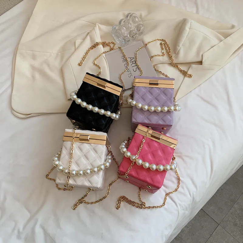 Luxury pearl handle solid color lattice box purse ladies clutch party wedding chain hand bags women evening bag