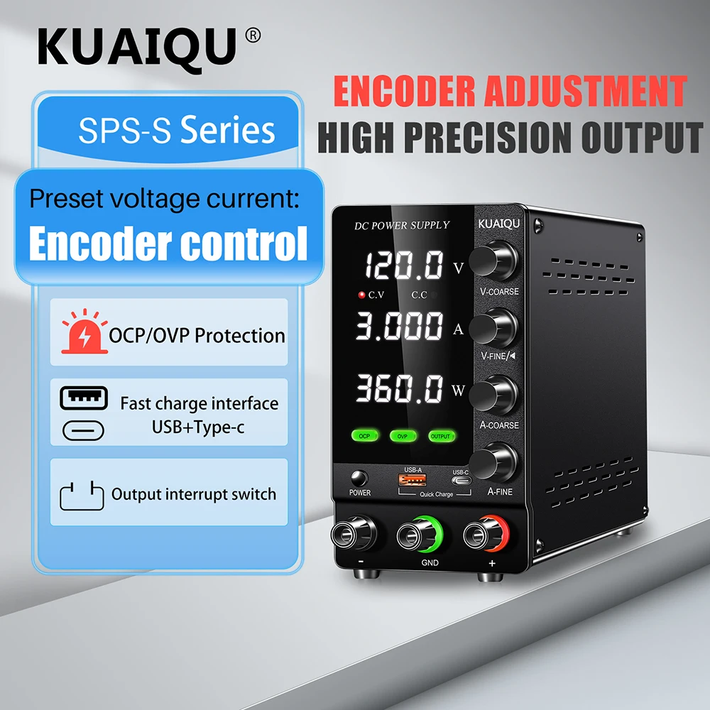 KUAIQU SPS-C1203S 120V 3A 360W OCP OVP DC Lab Power Bench LCD Display with Output Switch USB and Type-C Fast Charging