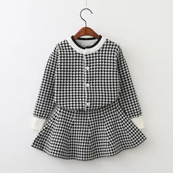 Girls Houndstooth Knit Set Black and White Plaid 2019 New Korean  Long Sleeve Sweater Cardigan Skirt 2 Pieces Children Set