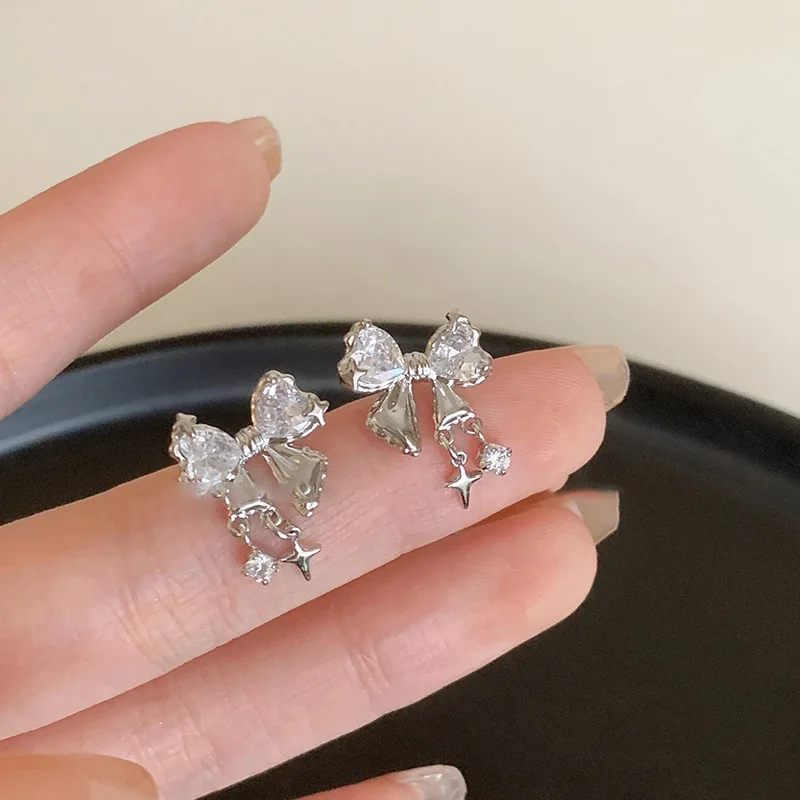 Silver Needle Eight-Pointed Stars Zircon Bow Stud Earrings South Korea Elegant Ins Style Light Luxury High-Grade Wholesale