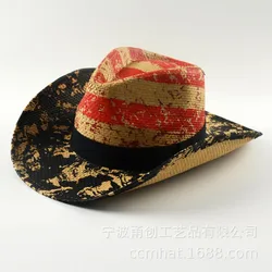 Wholesale Promotional Custom Logo Men Straw Cowboy Hat USA American Flag Painting Shapable Brim Sombreros Cowboy Hat