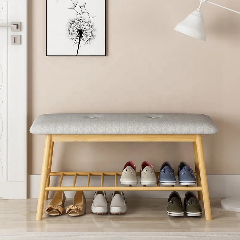 New Arrival Shoes Bench Rack with Seat Cushion Bamboo 3 Tier Multi-functional For Bedroom Front Door